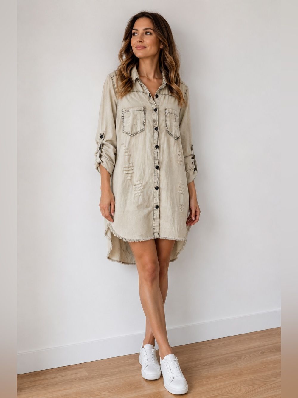 Thrill Women’s Acid Washed Distressed Button Front Long Cardigan Jacket Size XL